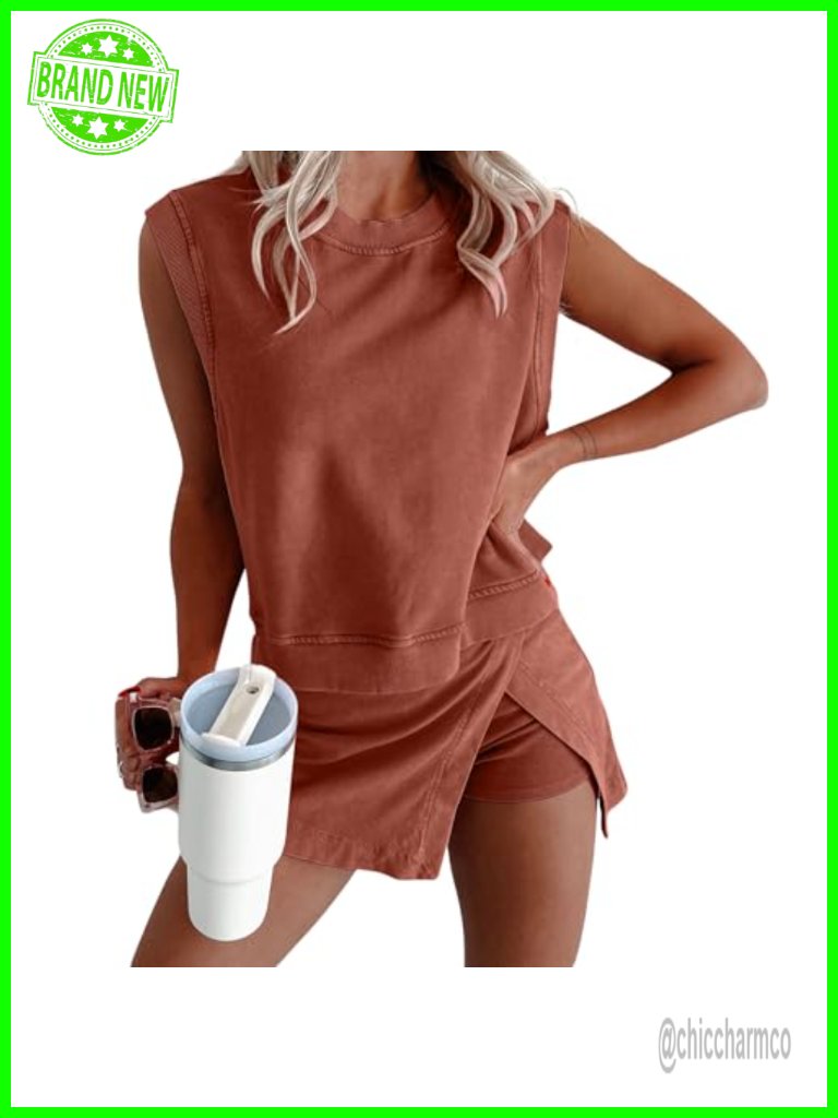 2 Piece Washed Cotton Tank Top Skort Set With Built-In Shorts